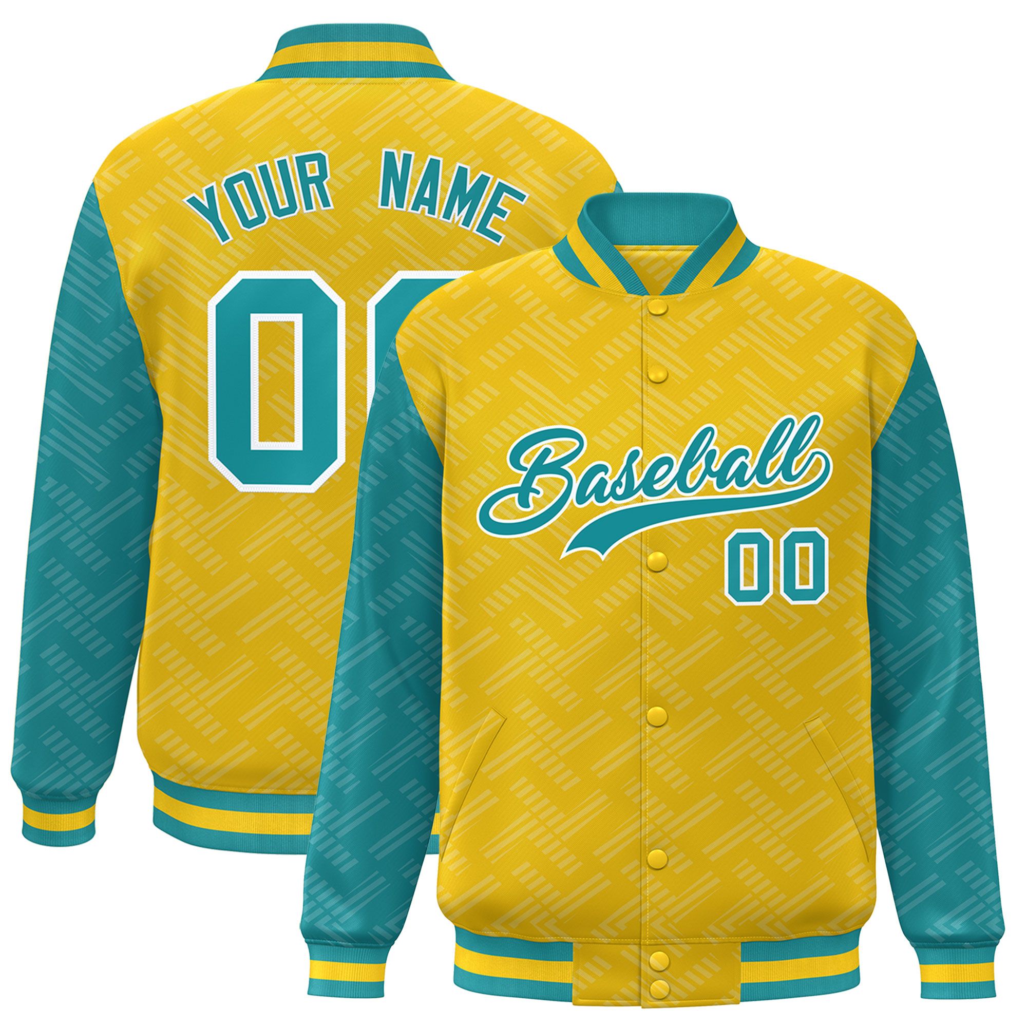 Custom Gold Aqua L Pattern Varsity Raglan Sleeves Full-Snap Letterman Baseball Jacket