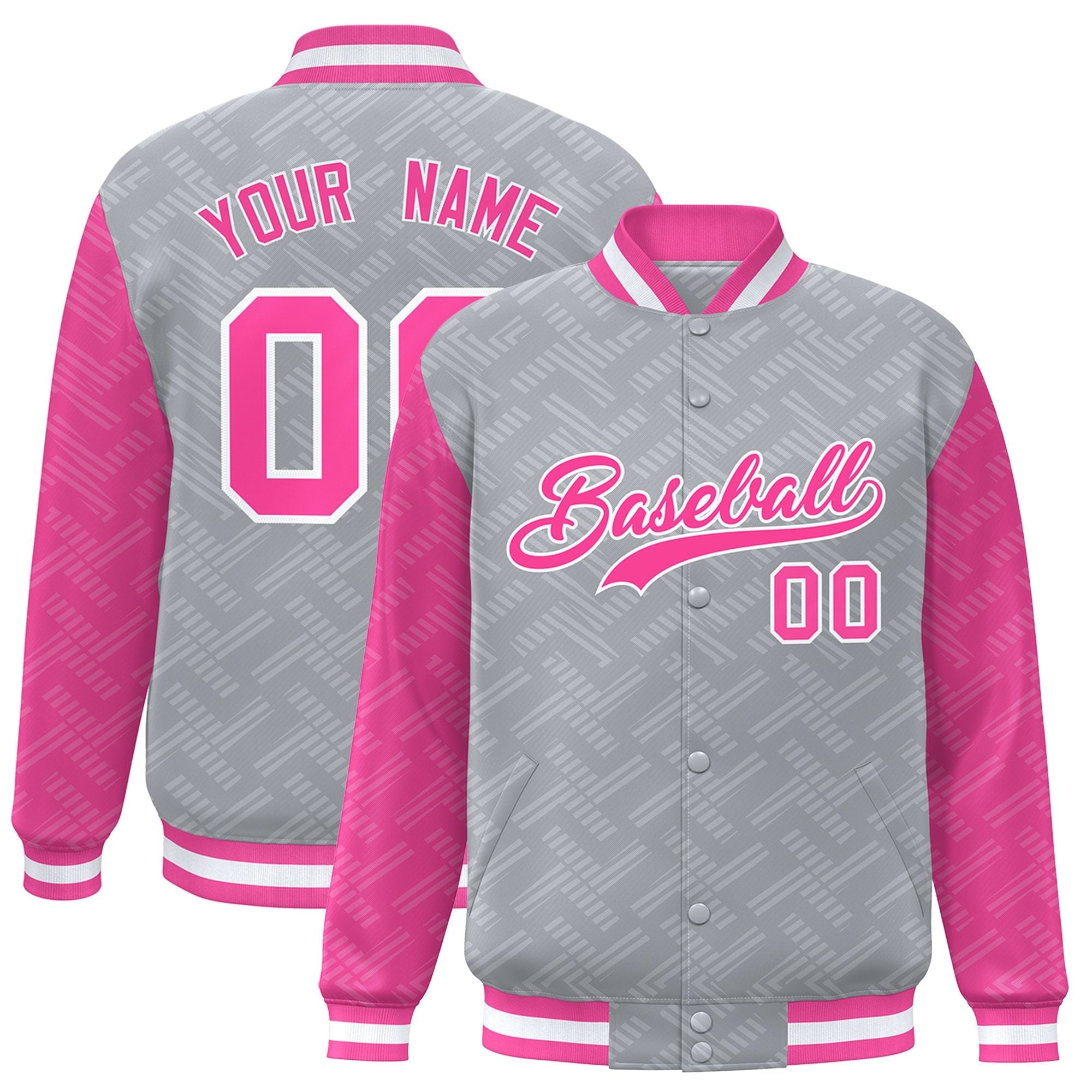 Custom Gray Pink L Pattern Varsity Raglan Sleeves Full-Snap Letterman Baseball Jacket