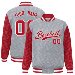 Custom Gray Red L Pattern Varsity Raglan Sleeves Full-Snap Letterman Baseball Jacket