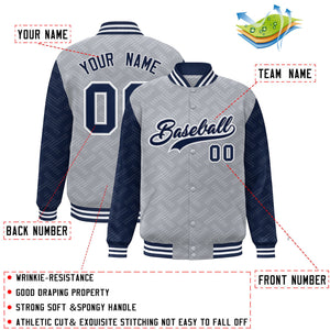 Custom Gray Navy L Pattern Varsity Raglan Sleeves Full-Snap Letterman Baseball Jacket