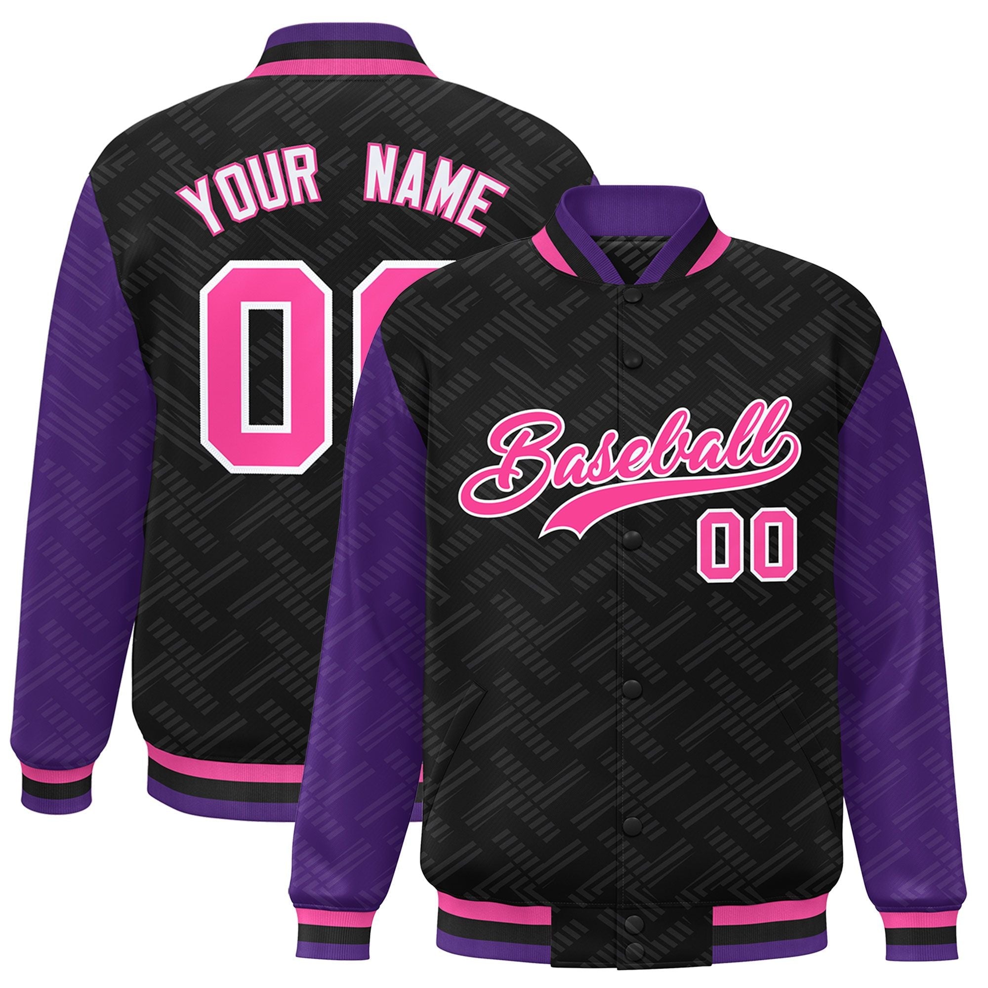 Custom Black Purple L Pattern Varsity Raglan Sleeves Full-Snap Letterman Baseball Jacket