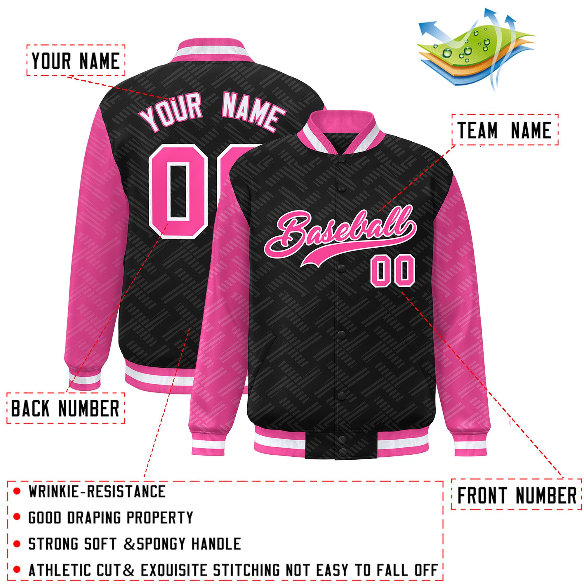 Custom Black Pink L Pattern Varsity Raglan Sleeves Full-Snap Letterman Baseball Jacket