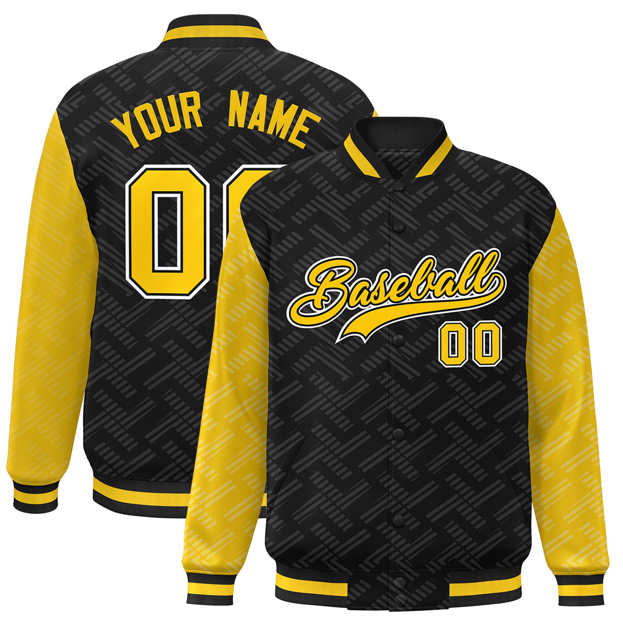 Custom Black Gold L Pattern Varsity Raglan Sleeves Full-Snap Letterman Baseball Jacket