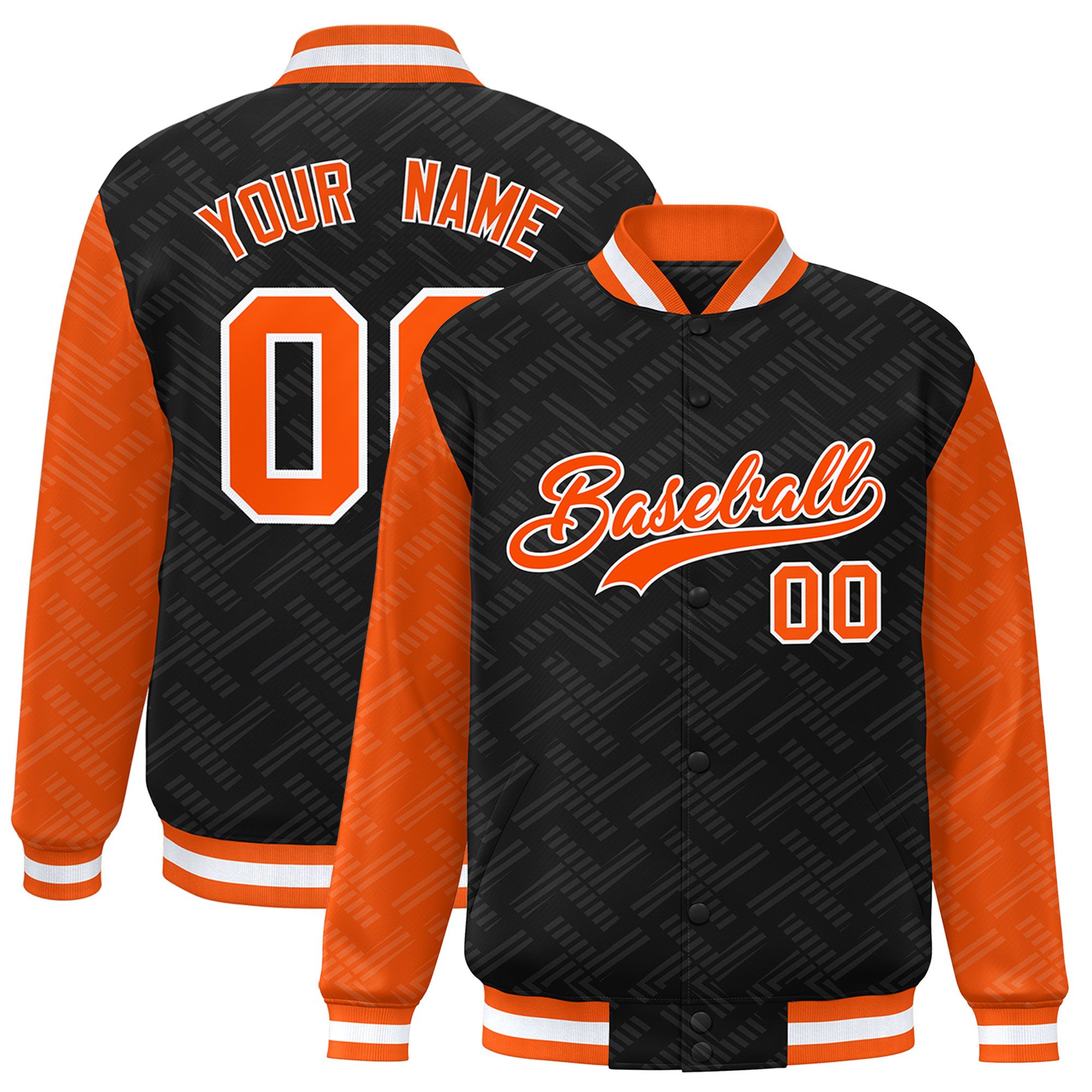 Custom Black Orange L Pattern Varsity Raglan Sleeves Full-Snap Letterman Baseball Jacket