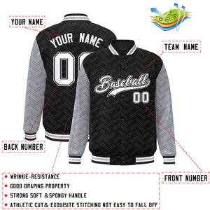 Custom Black Gray L Pattern Varsity Raglan Sleeves Full-Snap Letterman Baseball Jacket