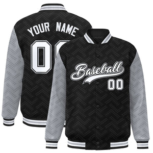 Custom Black Gray L Pattern Varsity Raglan Sleeves Full-Snap Letterman Baseball Jacket