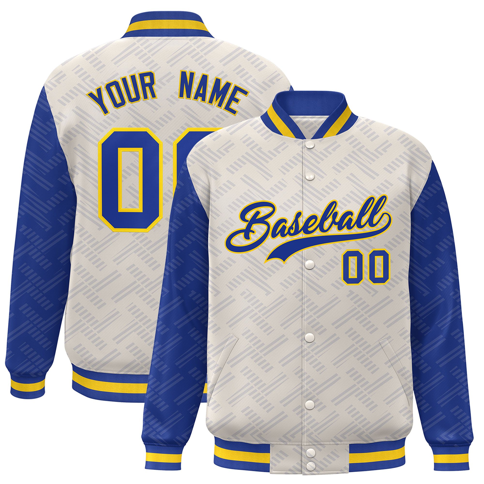 Custom Cream Royal L Pattern Varsity Raglan Sleeves Full-Snap Letterman Baseball Jacket