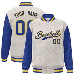 Custom Cream Royal L Pattern Varsity Raglan Sleeves Full-Snap Letterman Baseball Jacket