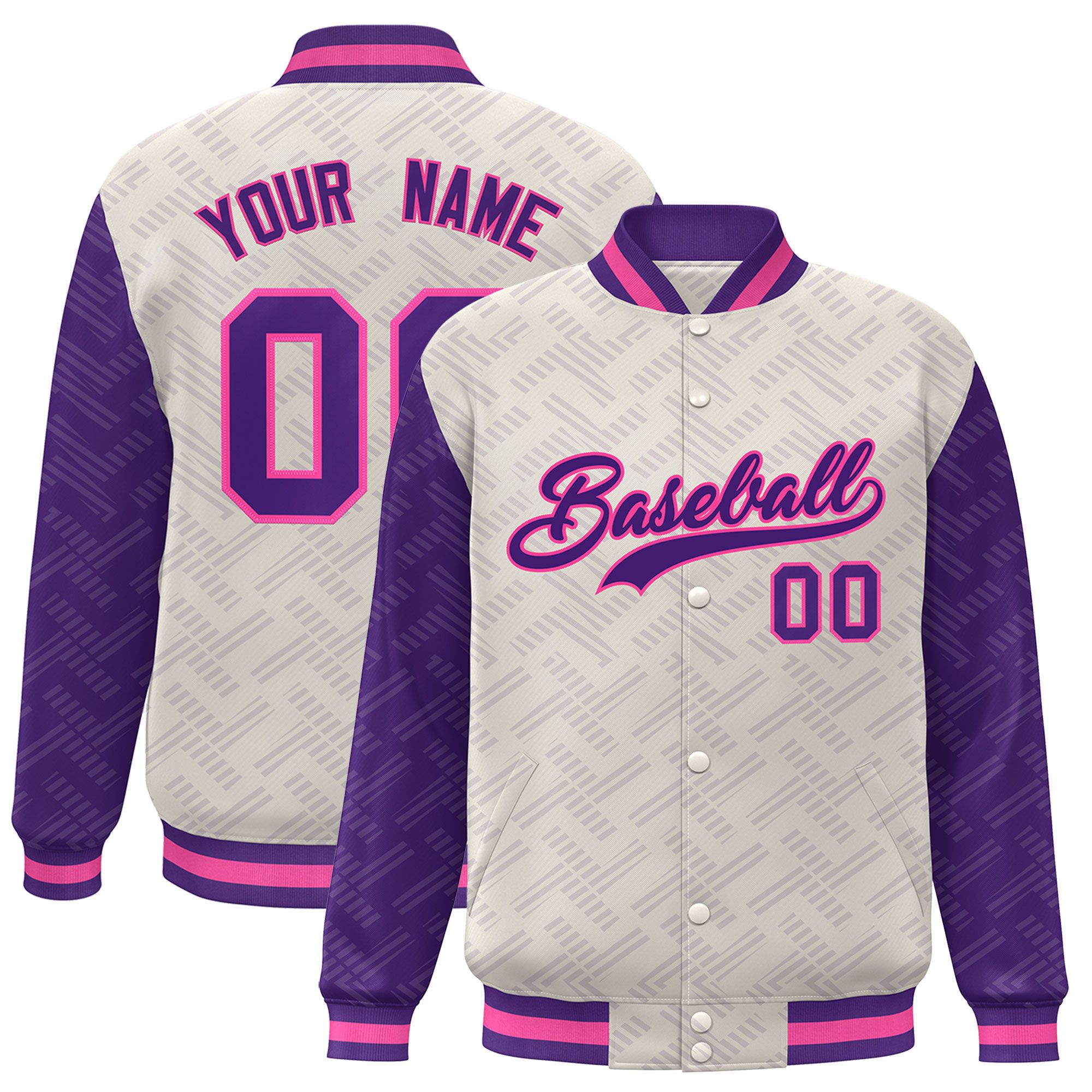 Custom Cream Purple L Pattern Varsity Raglan Sleeves Full-Snap Letterman Baseball Jacket