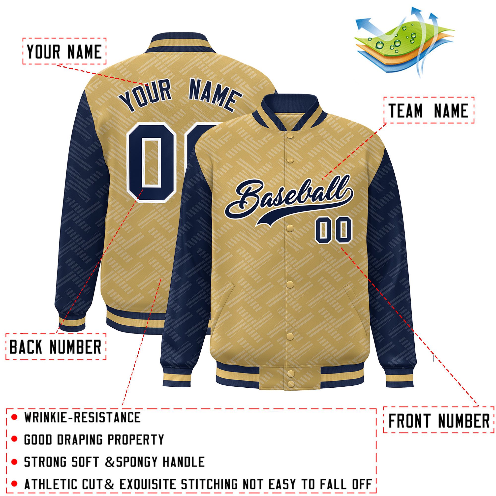 Custom Old Gold Navy L Pattern Varsity Raglan Sleeves Full-Snap Letterman Baseball Jacket