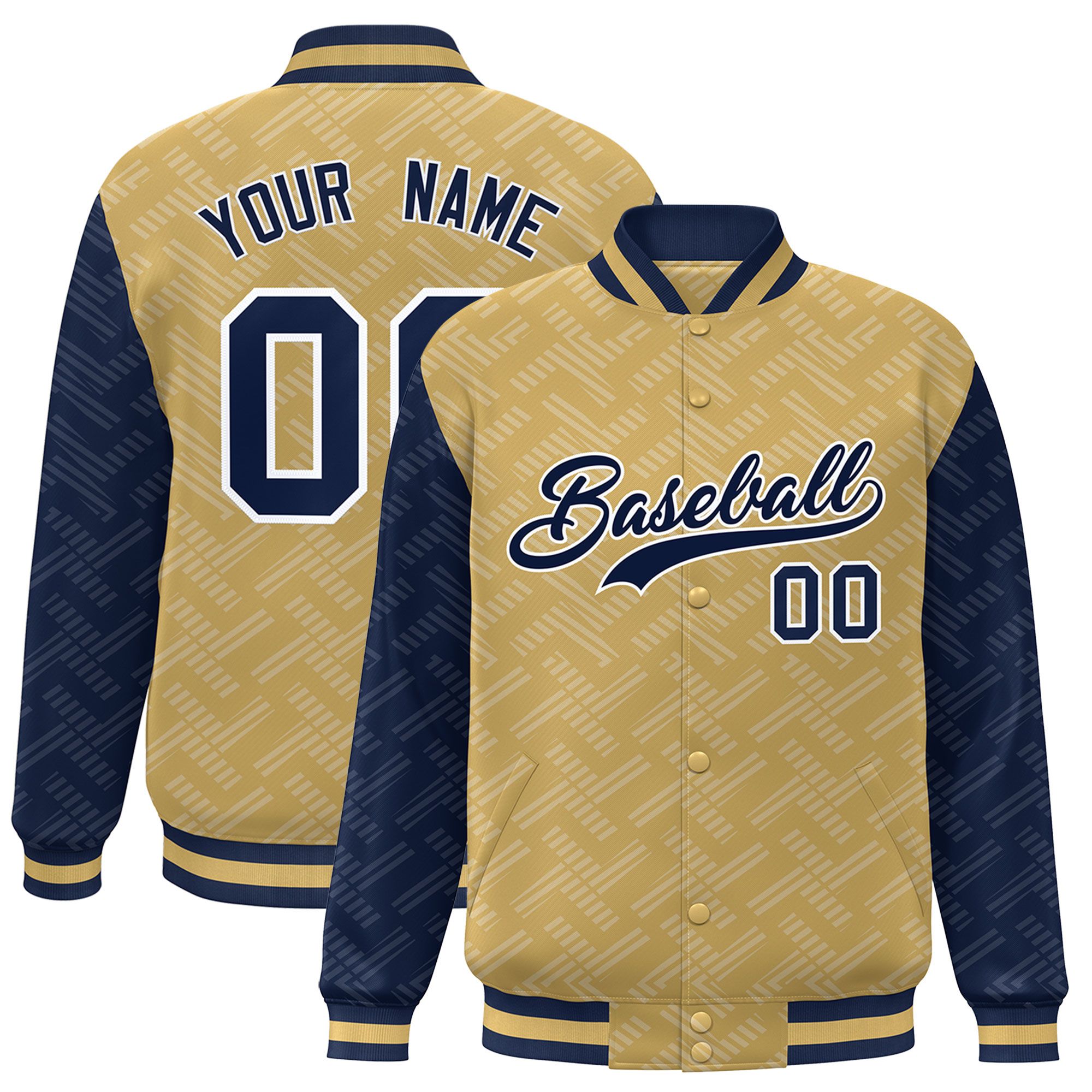 Custom Old Gold Navy L Pattern Varsity Raglan Sleeves Full-Snap Letterman Baseball Jacket