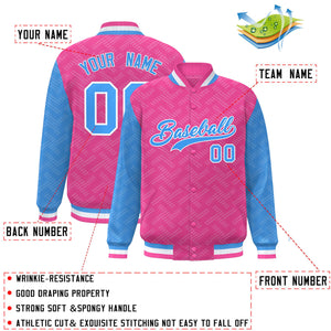 Custom Pink Powder Blue L Pattern Varsity Raglan Sleeves Full-Snap Letterman Baseball Jacket