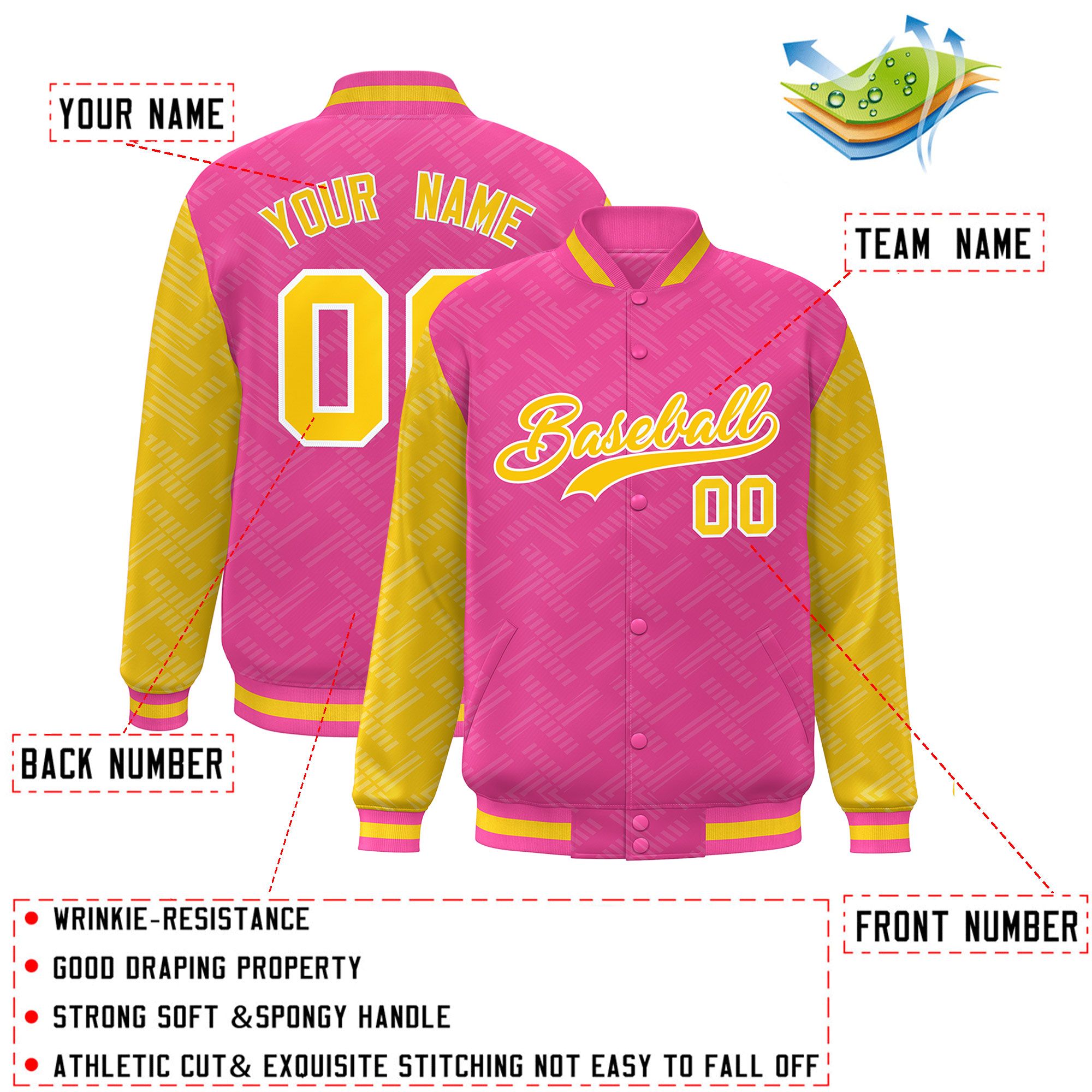 Custom Pink Gold L Pattern Varsity Raglan Sleeves Full-Snap Letterman Baseball Jacket