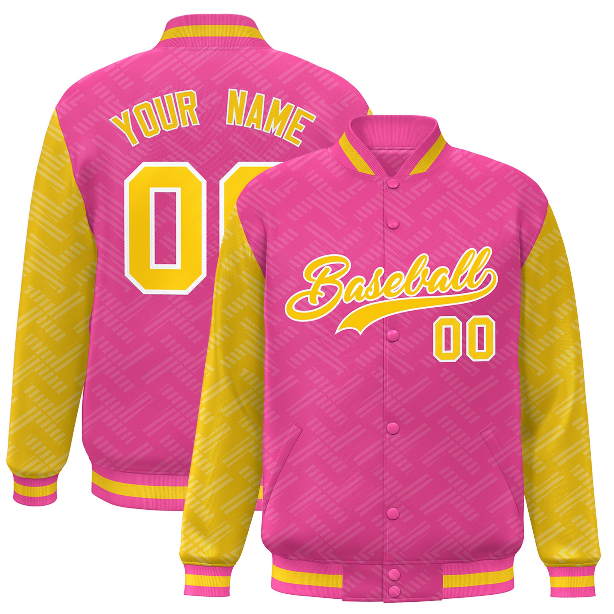 Custom Pink Gold L Pattern Varsity Raglan Sleeves Full-Snap Letterman Baseball Jacket