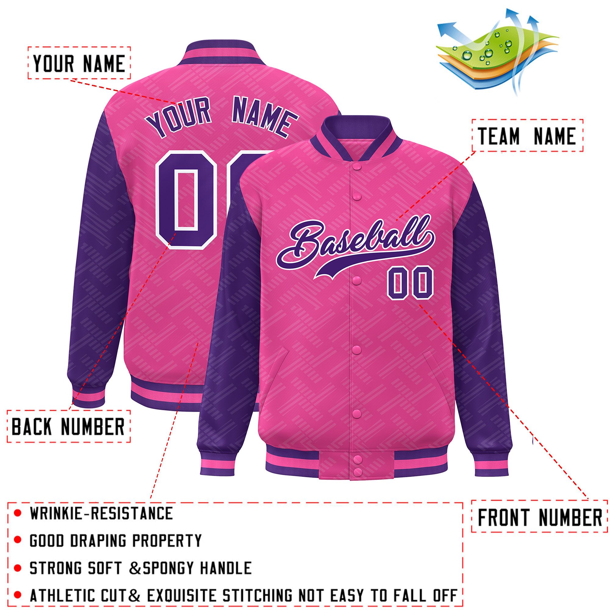 Custom Pink Purple L Pattern Varsity Raglan Sleeves Full-Snap Letterman Baseball Jacket