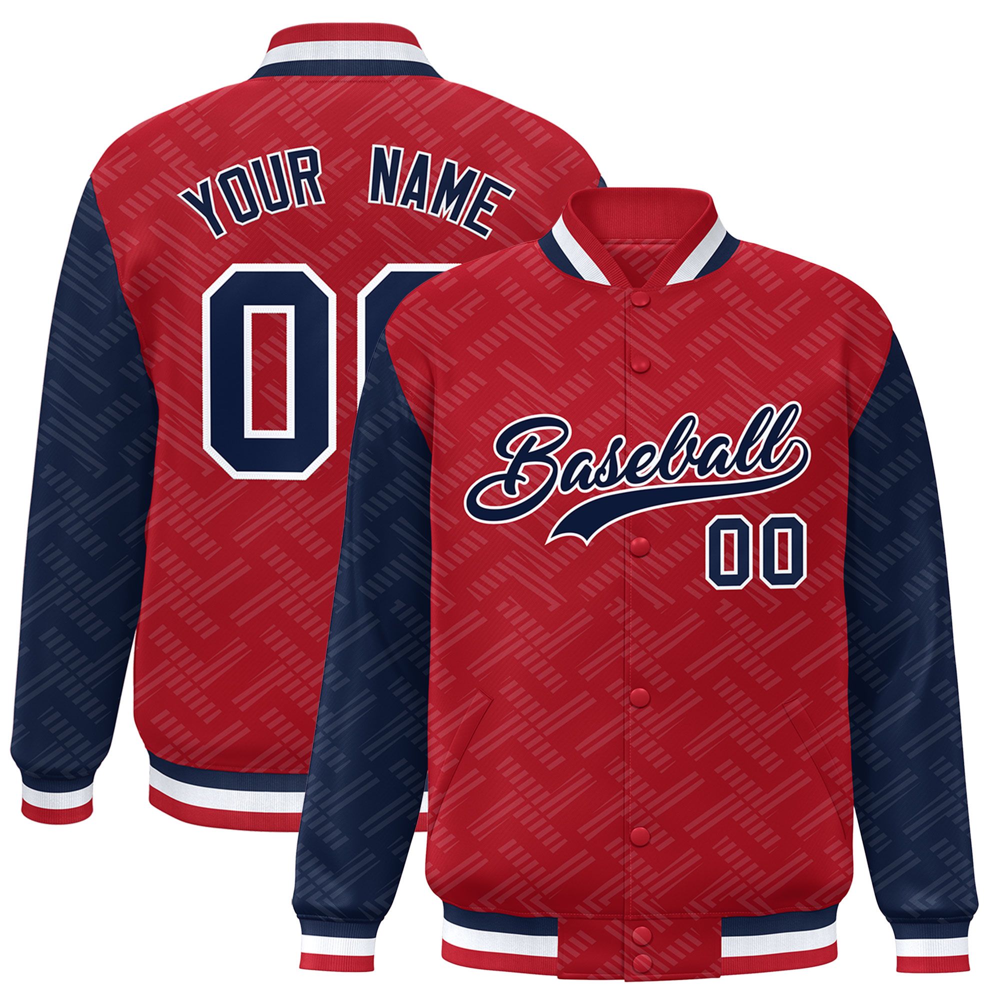 Custom Red Navy L Pattern Varsity Raglan Sleeves Full-Snap Letterman Baseball Jacket