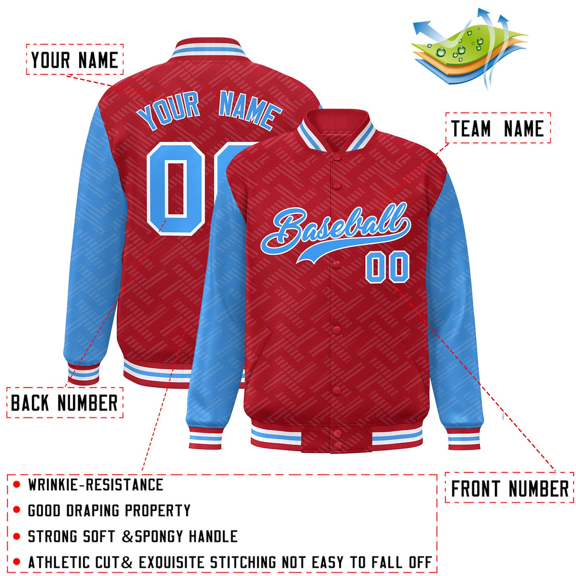 Custom Red Powder Blue L Pattern Varsity Raglan Sleeves Full-Snap Letterman Baseball Jacket