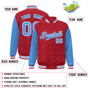 Custom Red Powder Blue L Pattern Varsity Raglan Sleeves Full-Snap Letterman Baseball Jacket