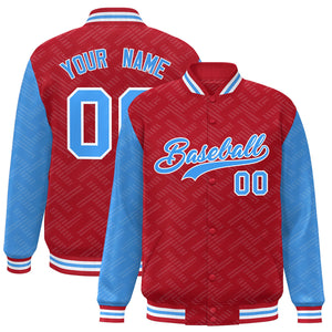 Custom Red Powder Blue L Pattern Varsity Raglan Sleeves Full-Snap Letterman Baseball Jacket