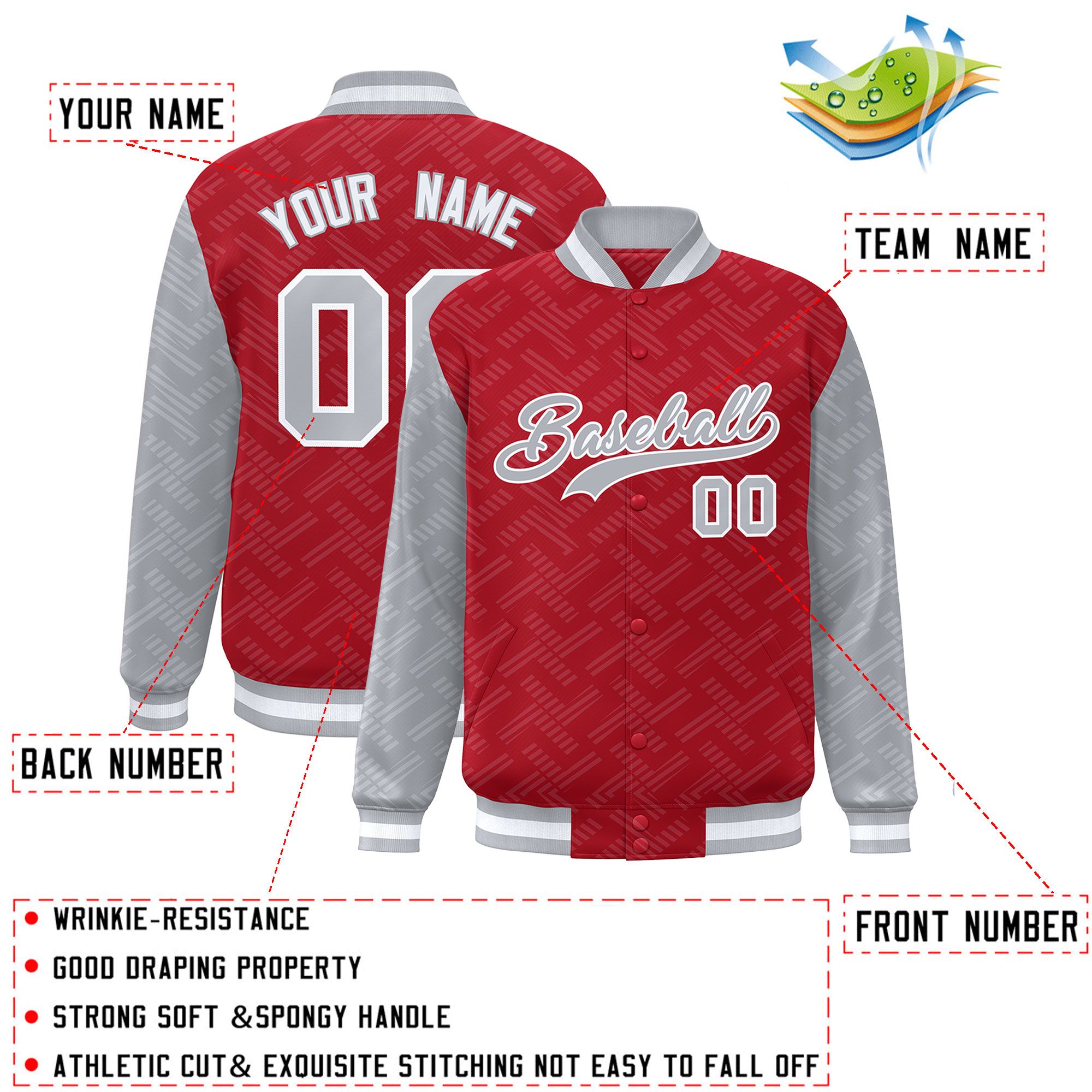 Custom Red Gray L Pattern Varsity Raglan Sleeves Full-Snap Letterman Baseball Jacket