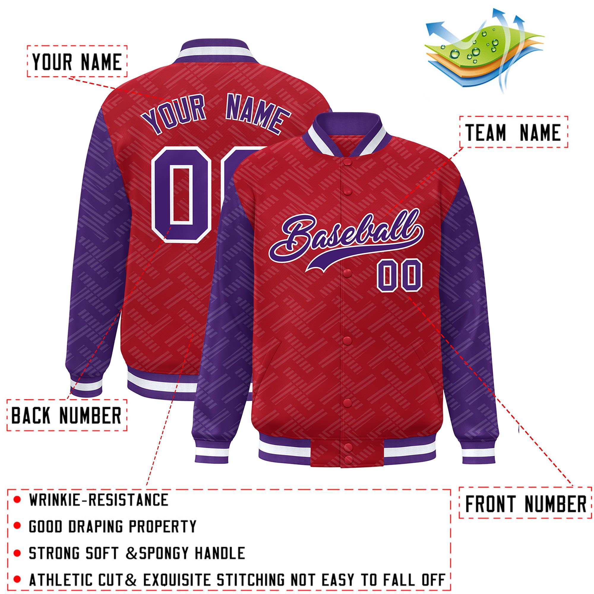 Custom Red Purple L Pattern Varsity Raglan Sleeves Full-Snap Letterman Baseball Jacket