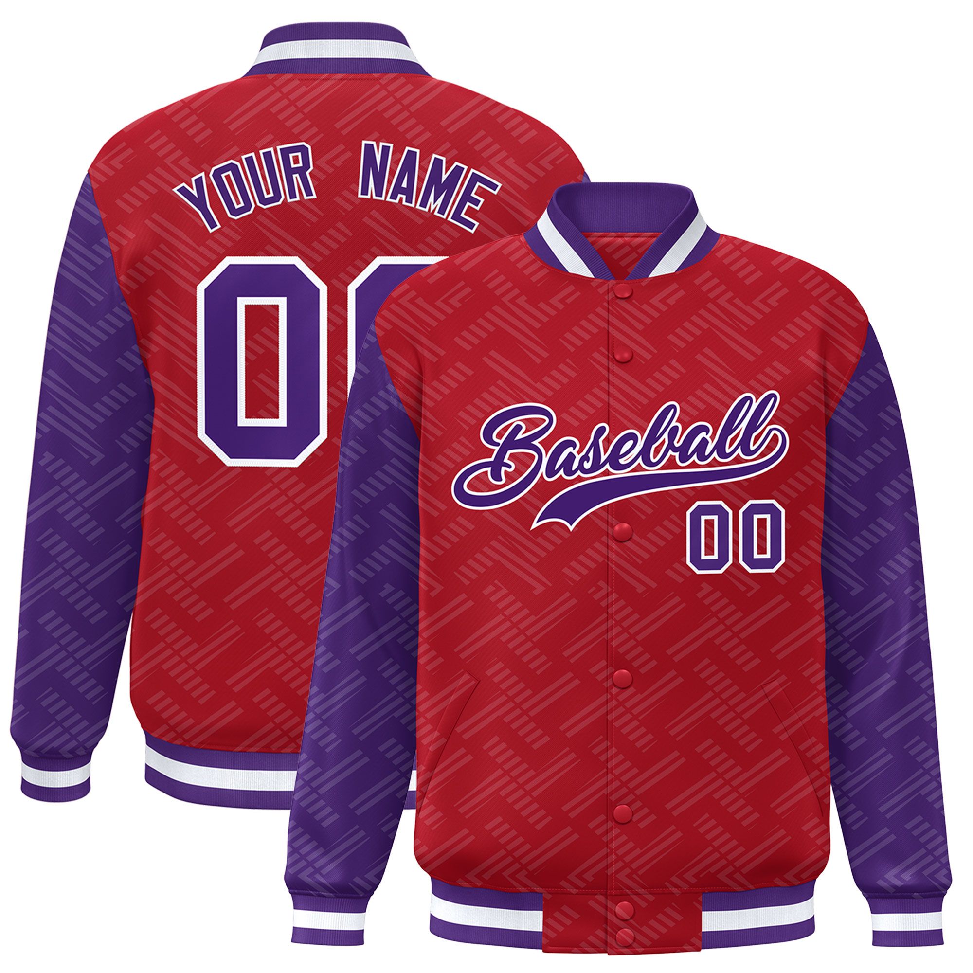 Custom Red Purple L Pattern Varsity Raglan Sleeves Full-Snap Letterman Baseball Jacket