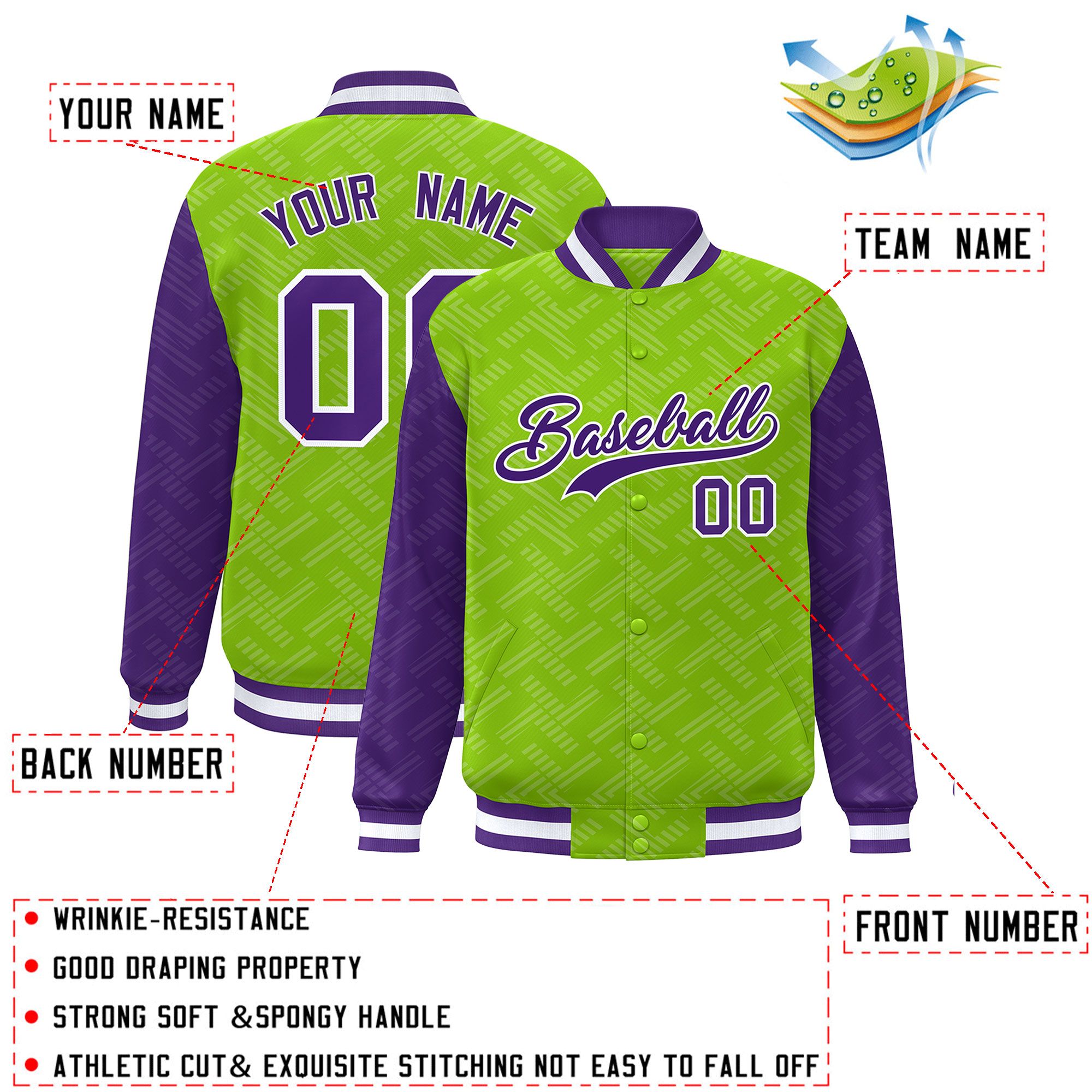 Custom Neon Green Purple L Pattern Varsity Raglan Sleeves Full-Snap Letterman Baseball Jacket