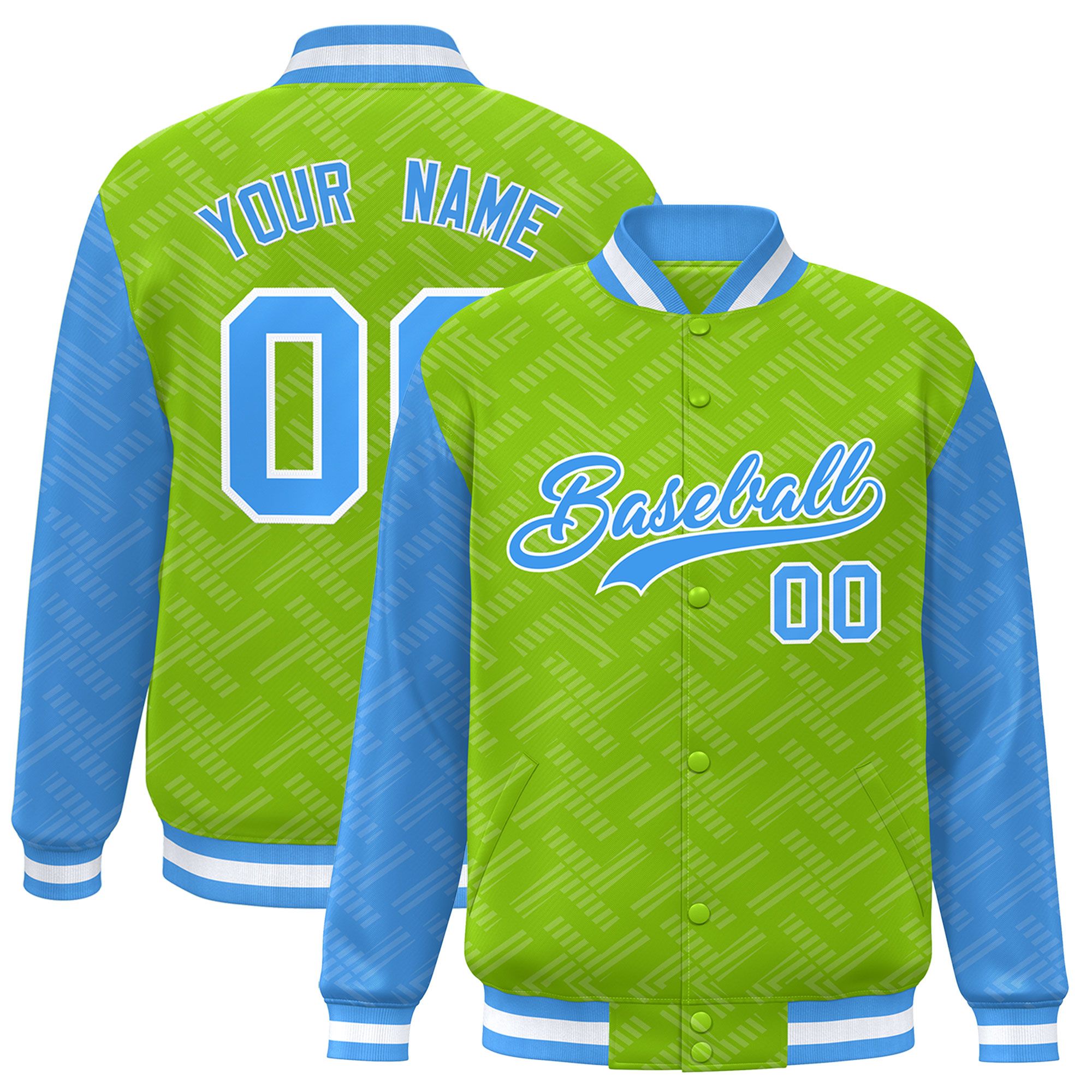 Custom Neon Green Powder Blue L Pattern Varsity Raglan Sleeves Full-Snap Letterman Baseball Jacket