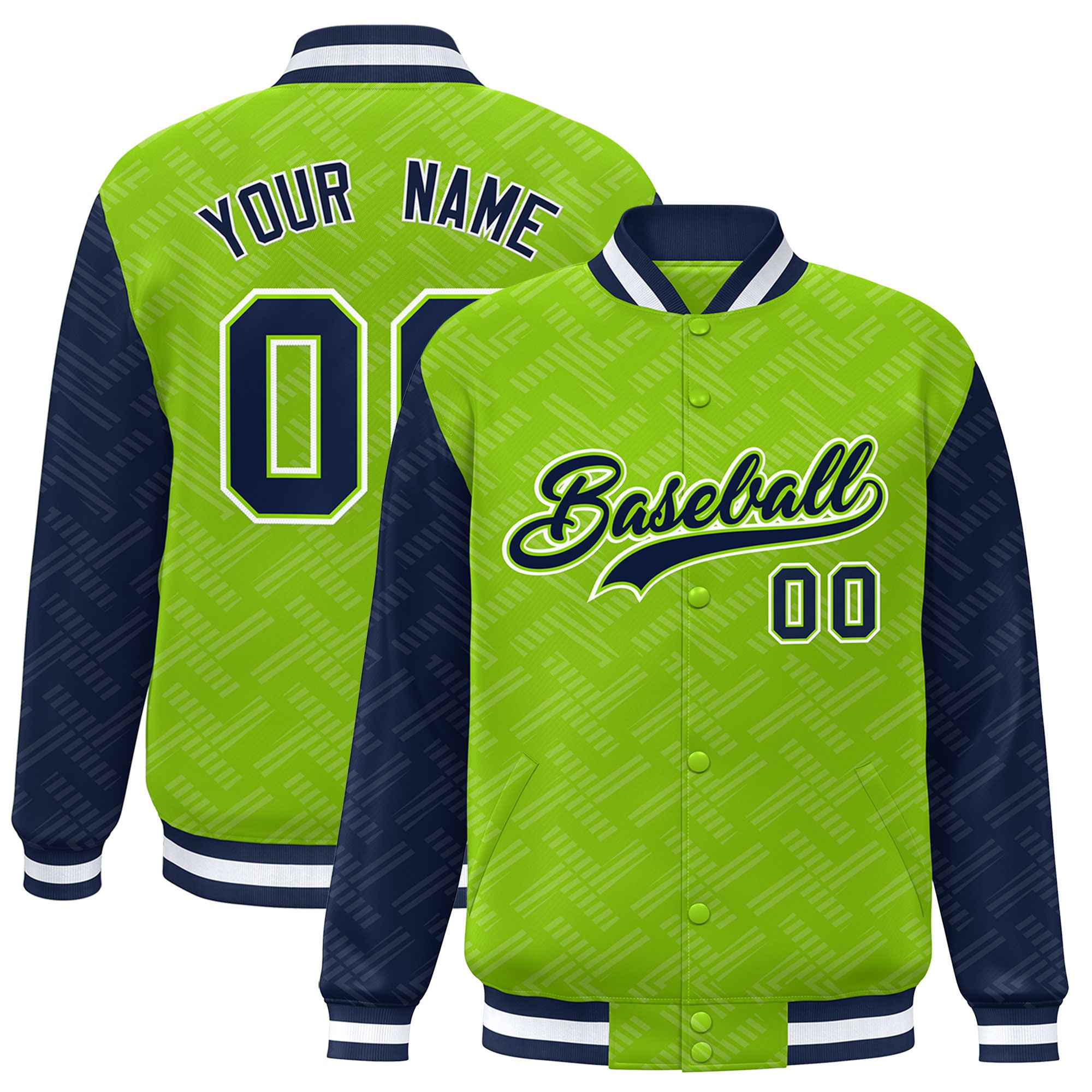 Custom Neon Green Navy L Pattern Varsity Raglan Sleeves Full-Snap Letterman Baseball Jacket