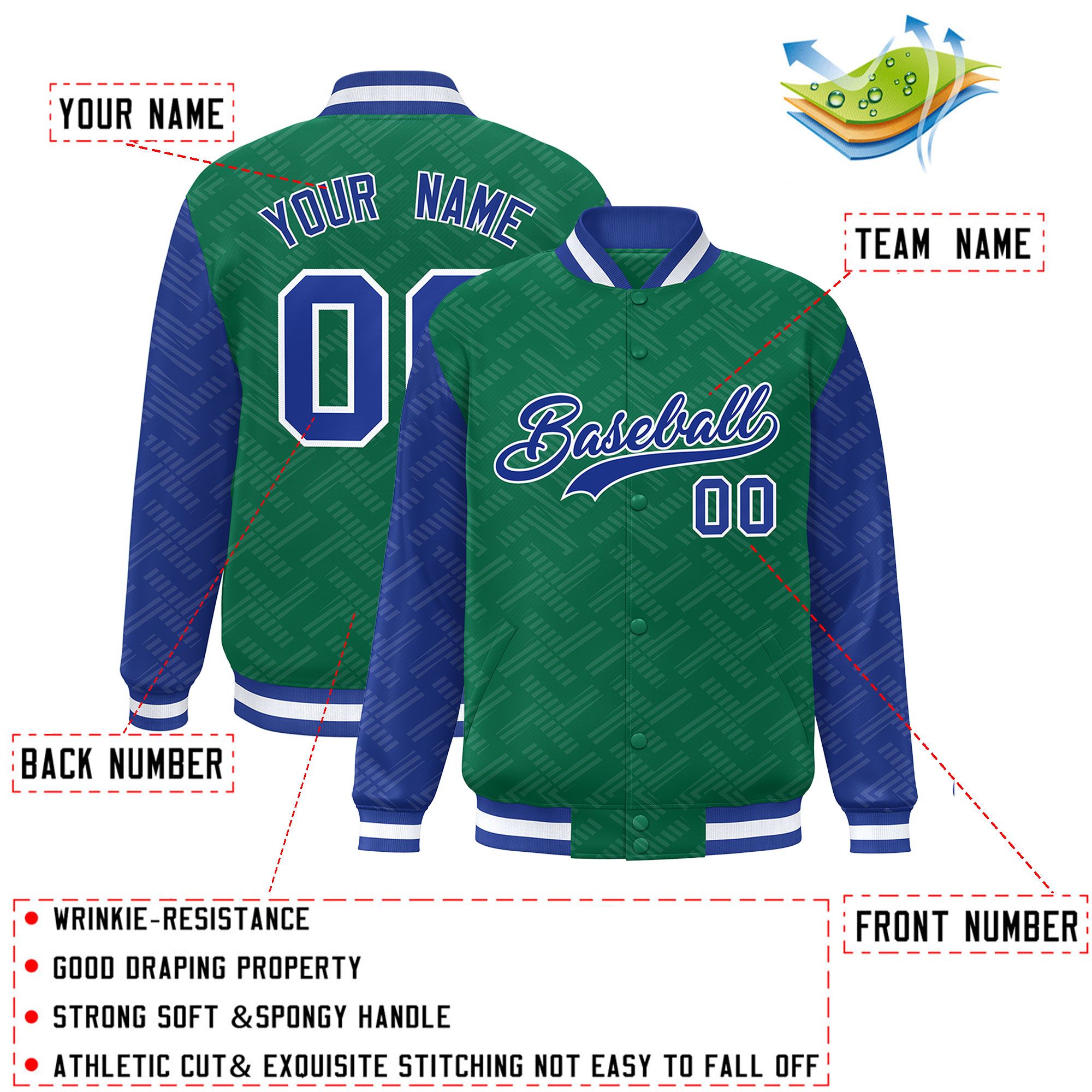 Custom Kelly Green Royal L Pattern Varsity Raglan Sleeves Full-Snap Letterman Baseball Jacket