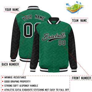 Custom Kelly Green Black L Pattern Varsity Raglan Sleeves Full-Snap Letterman Baseball Jacket