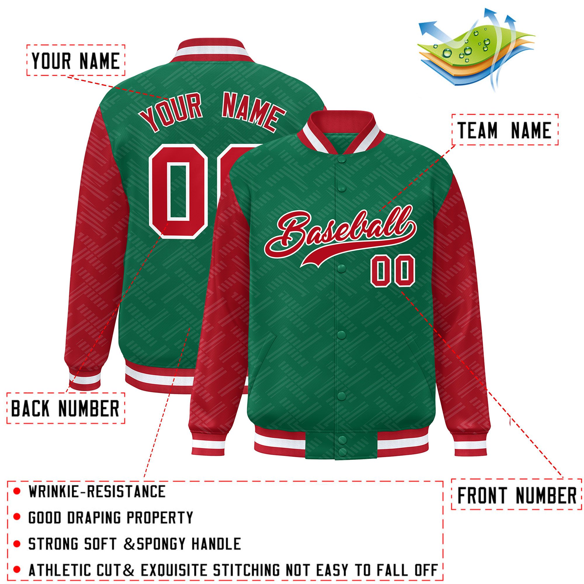 Custom Kelly Green Red L Pattern Varsity Raglan Sleeves Full-Snap Letterman Baseball Jacket