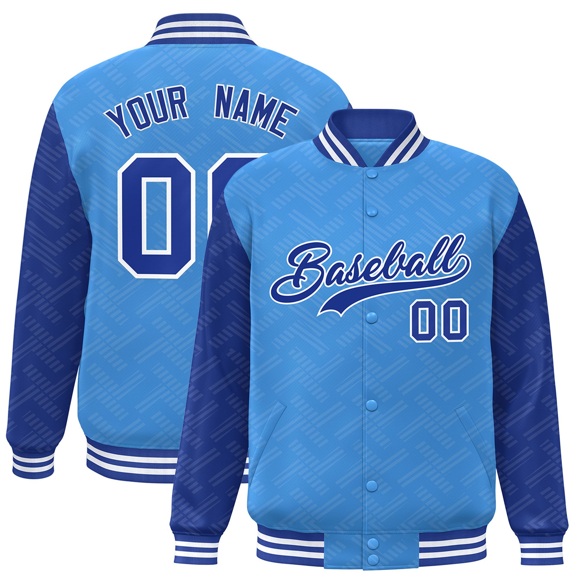 Custom Powder Blue Royal L Pattern Varsity Raglan Sleeves Full-Snap Letterman Baseball Jacket