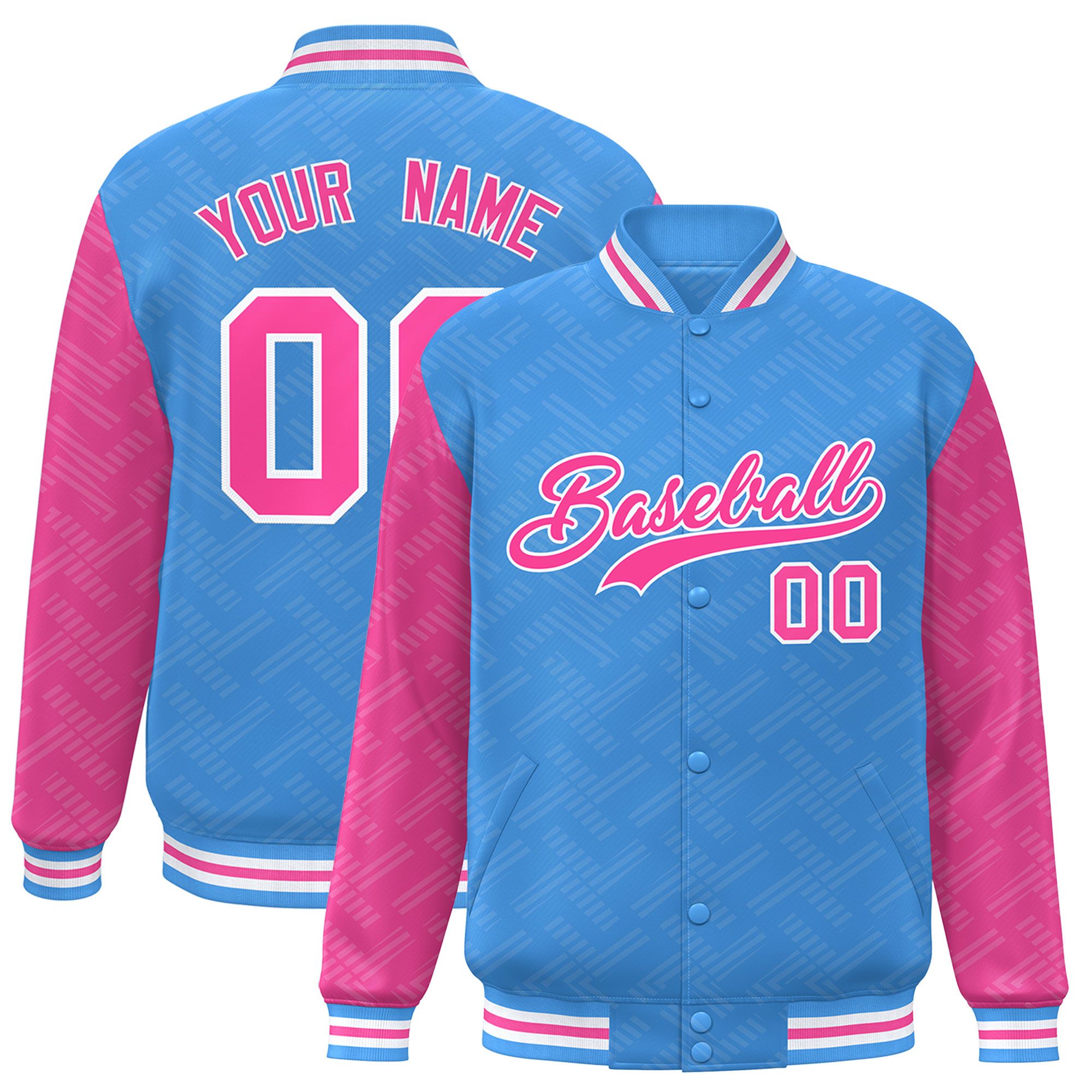 Custom Powder Blue Pink L Pattern Varsity Raglan Sleeves Full-Snap Letterman Baseball Jacket