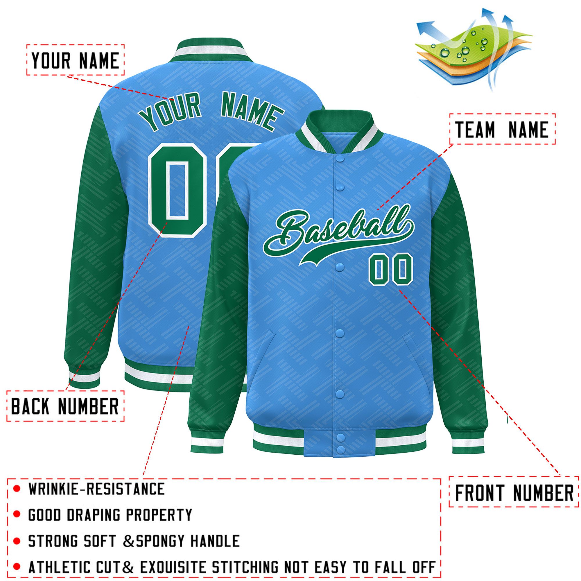 Custom Powder Blue Kelly Green L Pattern Varsity Raglan Sleeves Full-Snap Letterman Baseball Jacket