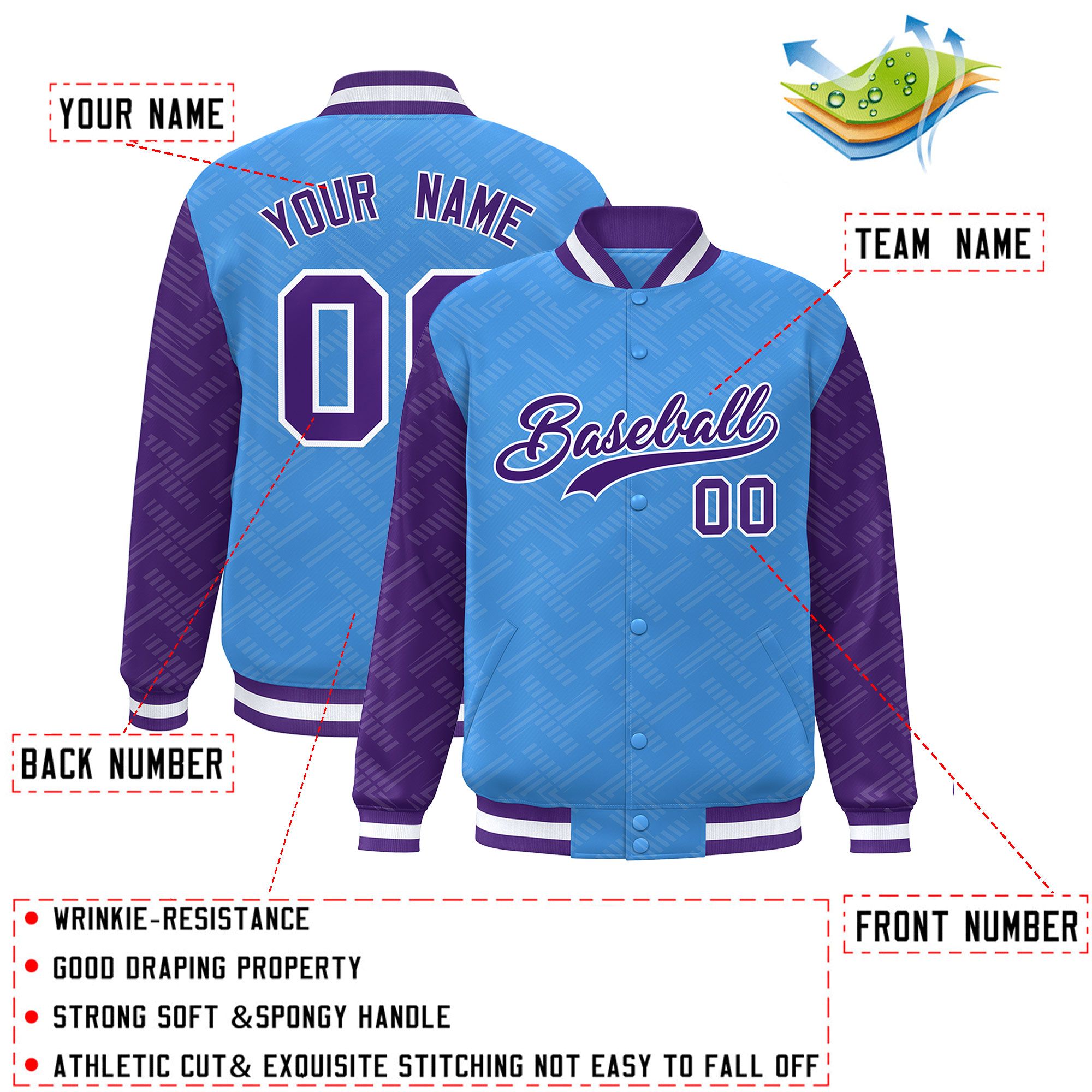 Custom Powder Blue Purple L Pattern Varsity Raglan Sleeves Full-Snap Letterman Baseball Jacket