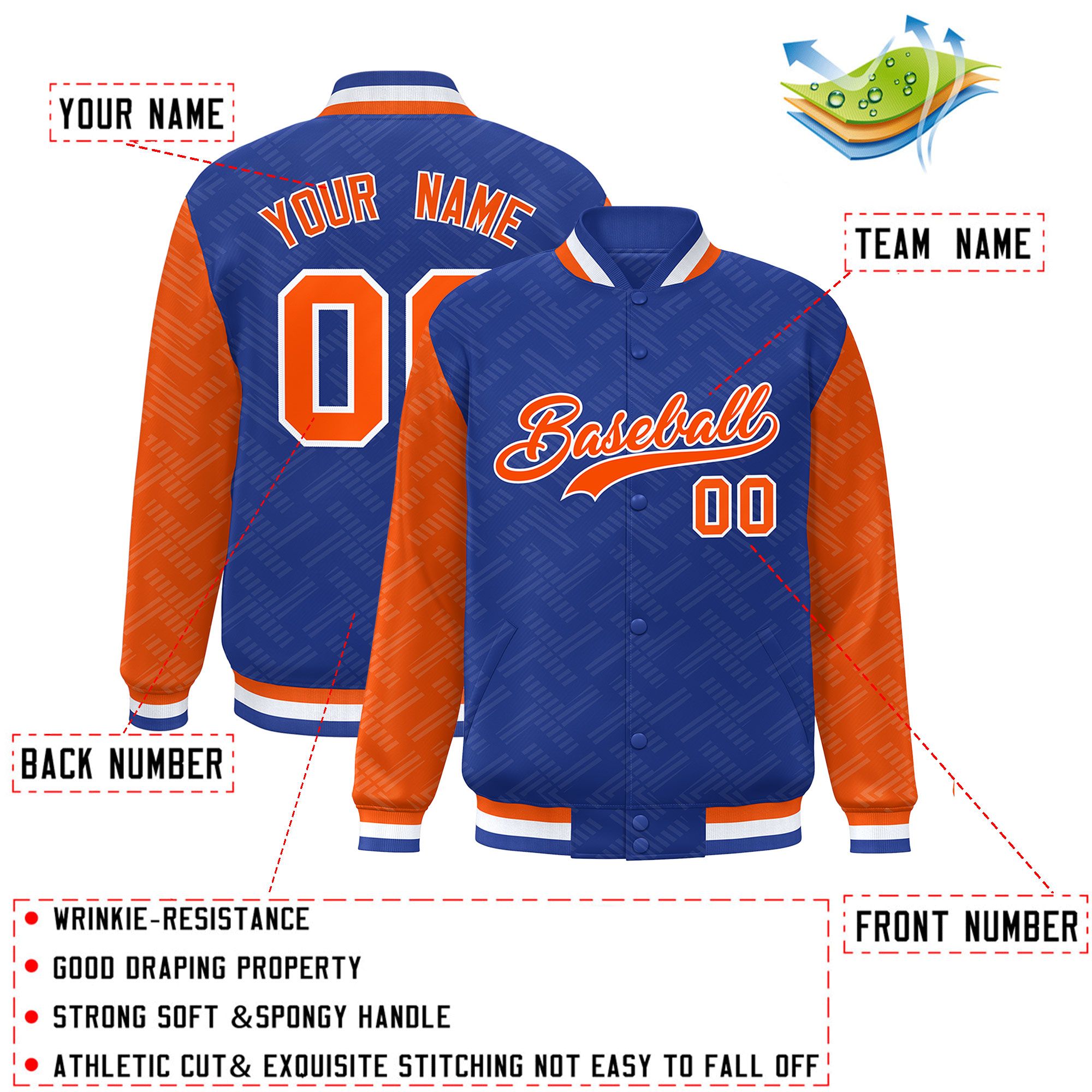 Custom Royal Orange L Pattern Varsity Raglan Sleeves Full-Snap Letterman Baseball Jacket