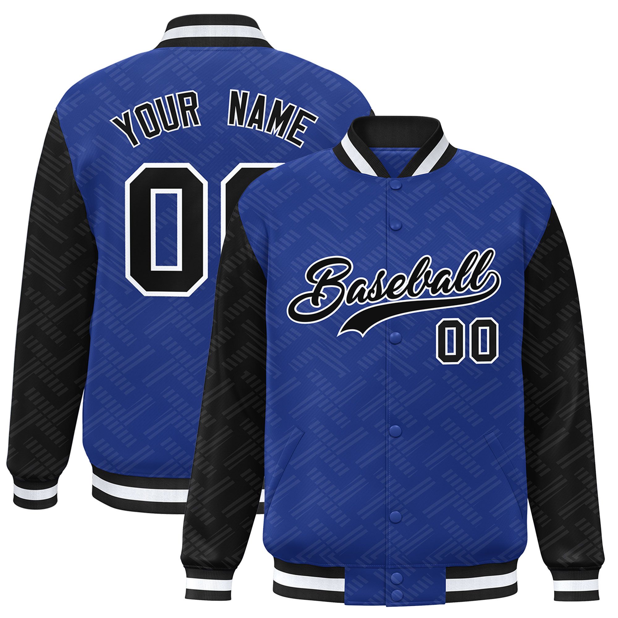 Custom Royal Black L Pattern Varsity Raglan Sleeves Full-Snap Letterman Baseball Jacket