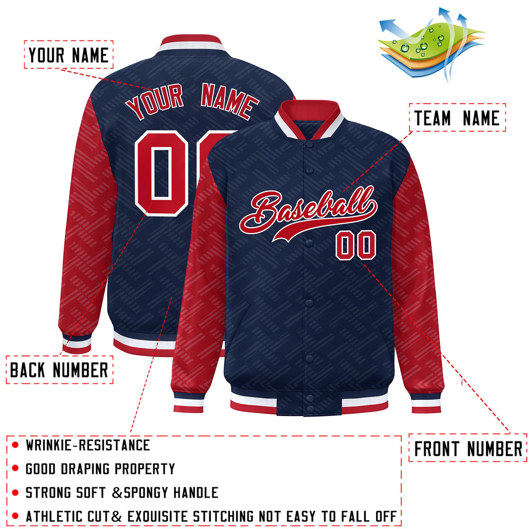 Custom Navy Red L Pattern Varsity Raglan Sleeves Full-Snap Letterman Baseball Jacket