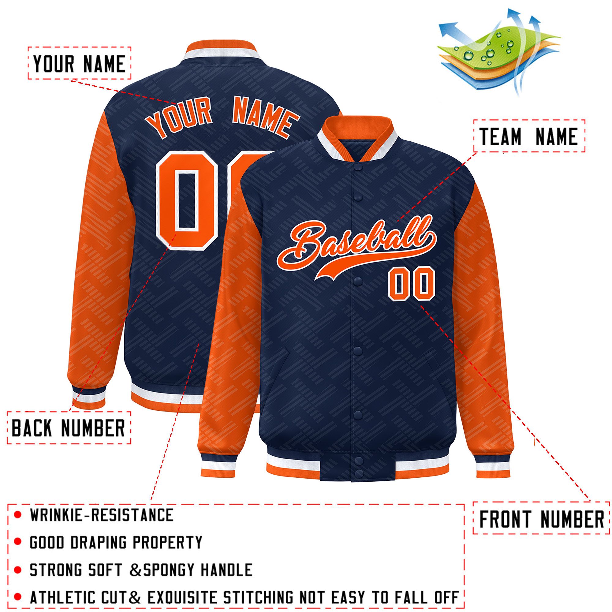 Custom Navy Orange L Pattern Varsity Raglan Sleeves Full-Snap Letterman Baseball Jacket