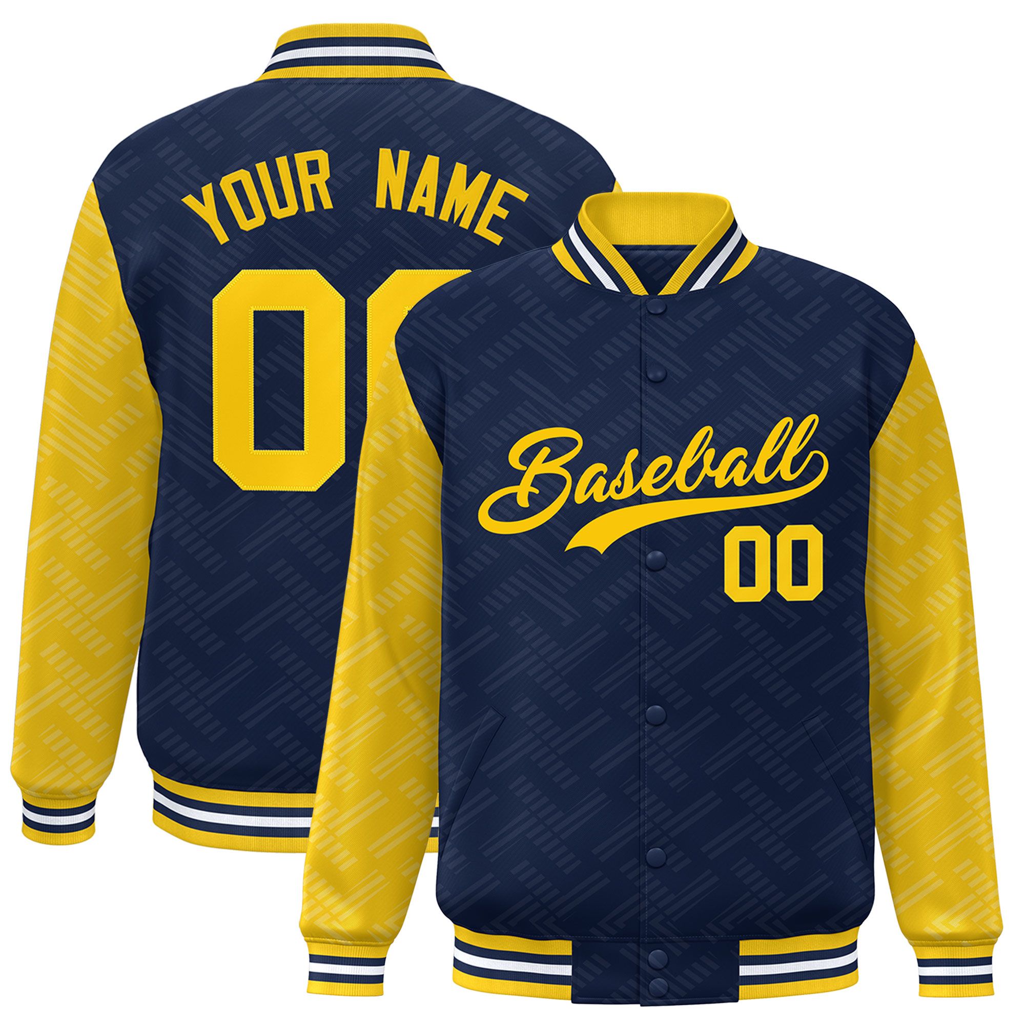 Custom Navy Gold L Pattern Varsity Raglan Sleeves Full-Snap Letterman Baseball Jacket