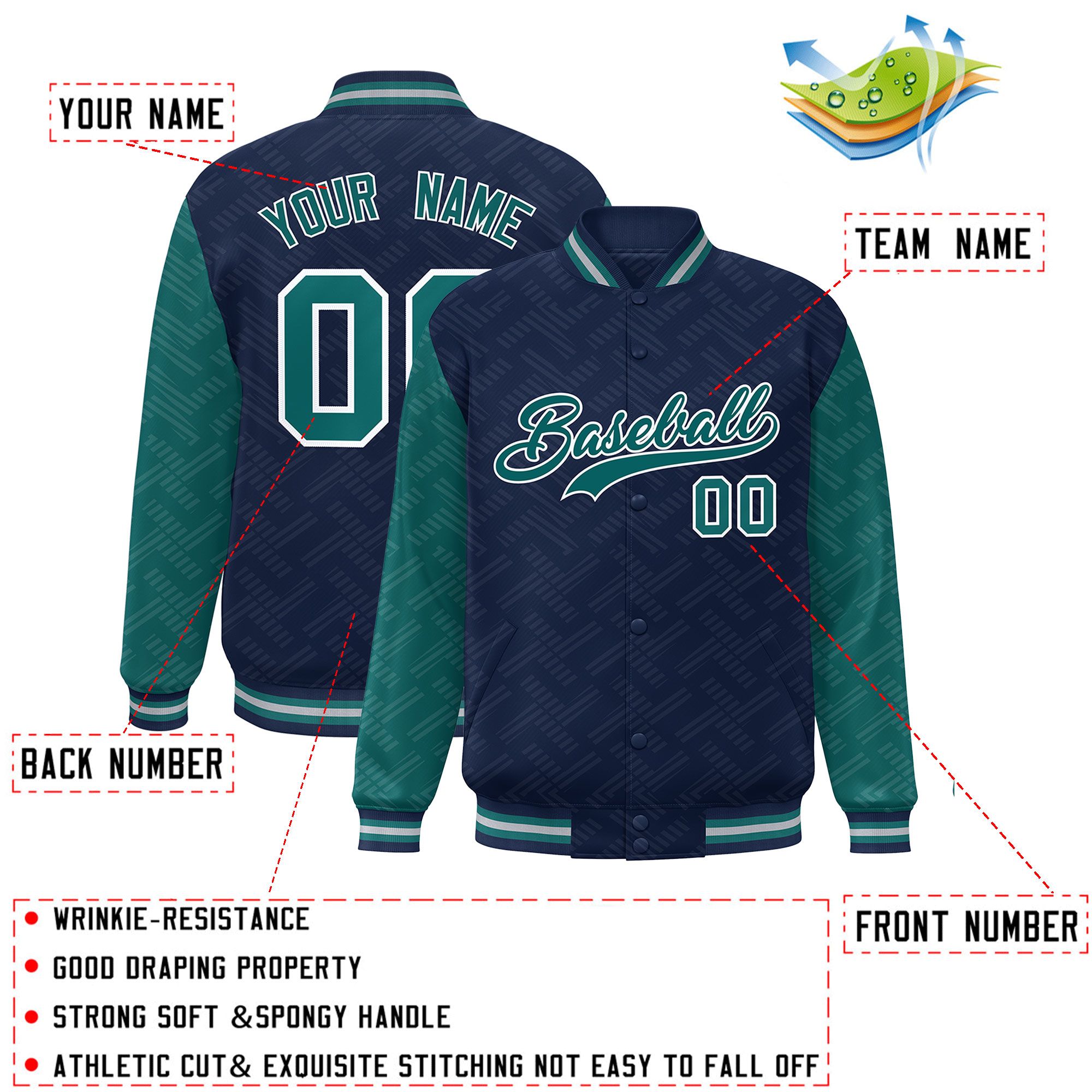 Custom Navy Aqua L Pattern Varsity Raglan Sleeves Full-Snap Letterman Baseball Jacket