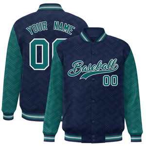 Custom Navy Aqua L Pattern Varsity Raglan Sleeves Full-Snap Letterman Baseball Jacket