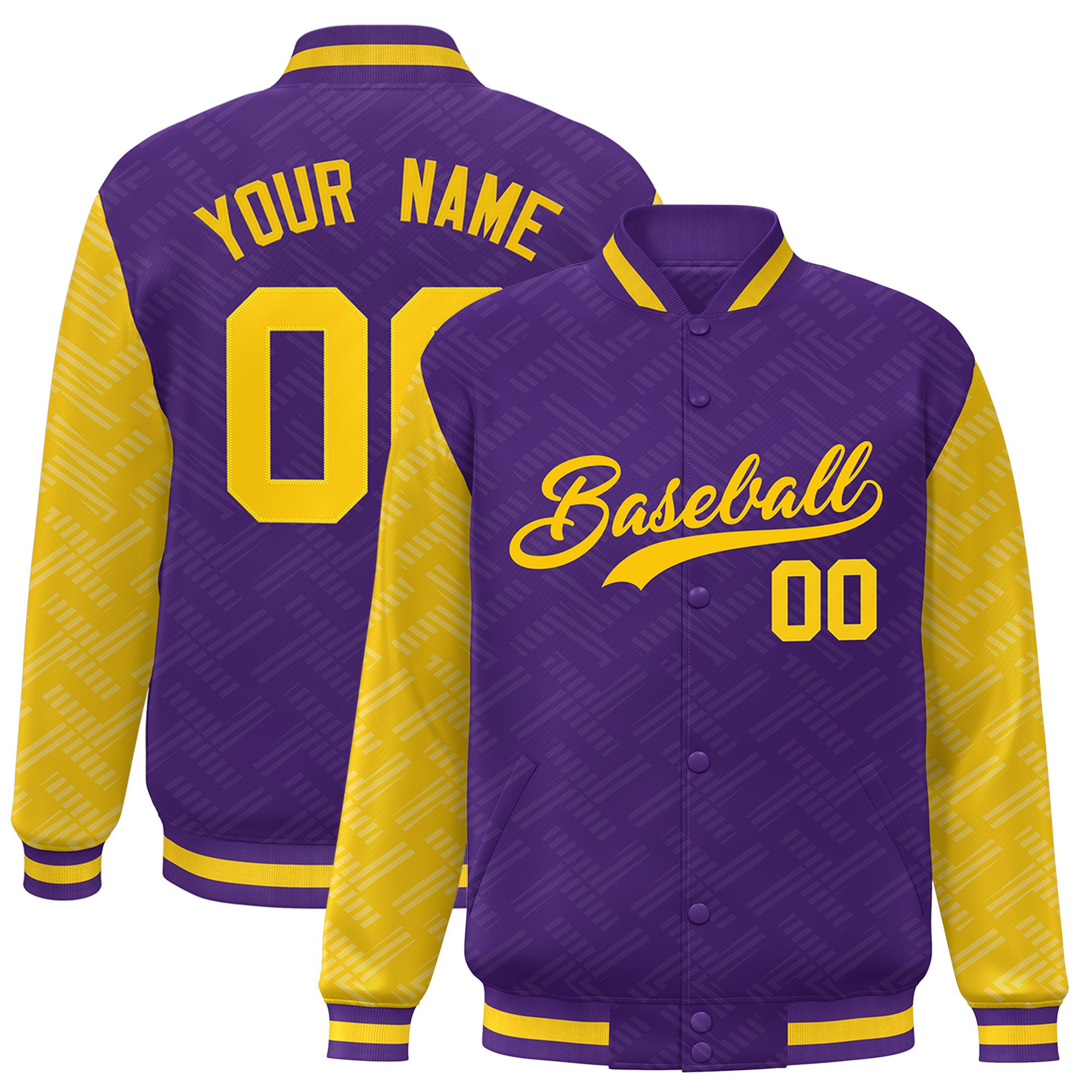 Custom Purple Gold L Pattern Varsity Raglan Sleeves Full-Snap Letterman Baseball Jacket