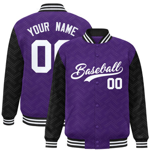 Custom Purple Black L Pattern Varsity Raglan Sleeves Full-Snap Letterman Baseball Jacket