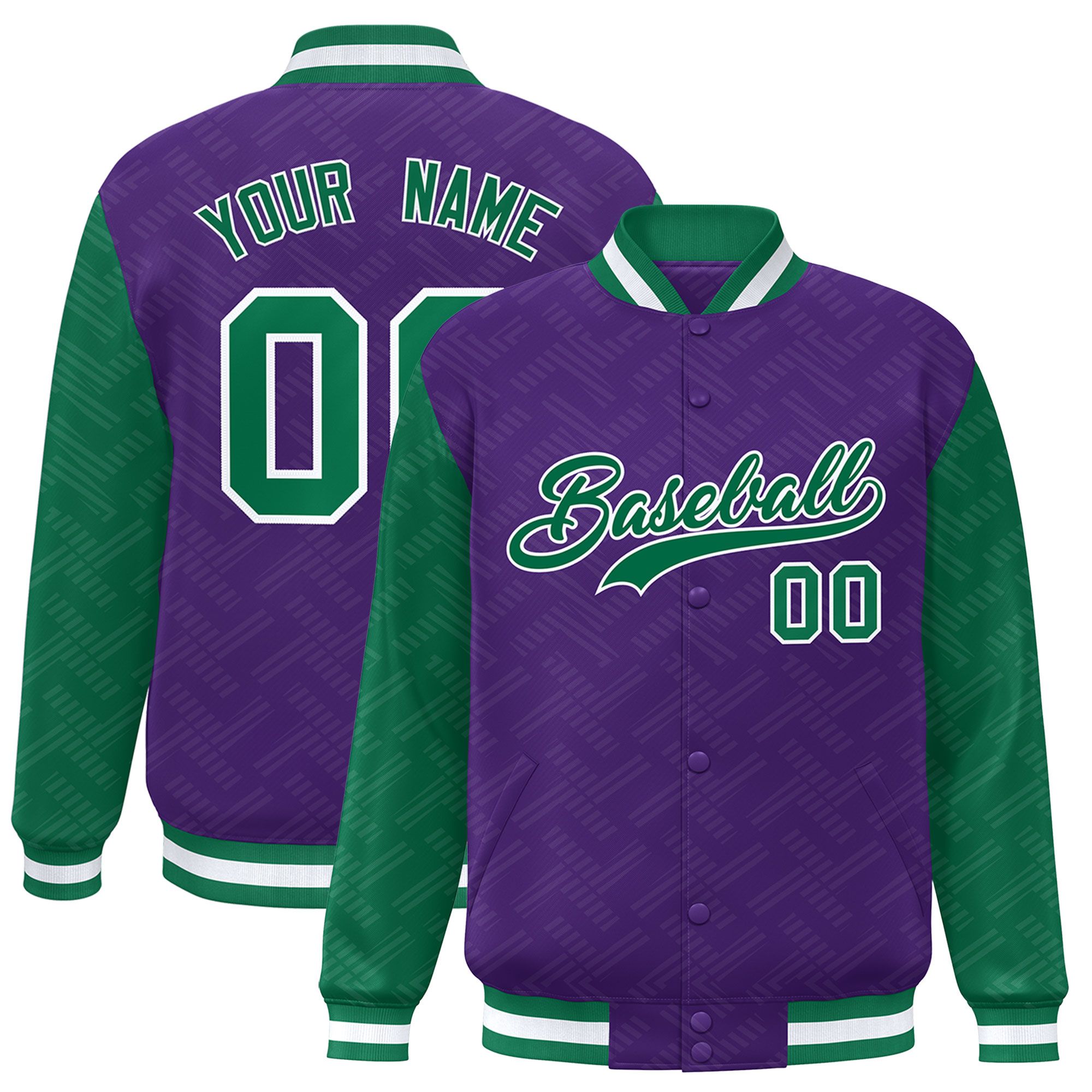 Custom Purple Kelly Green L Pattern Varsity Raglan Sleeves Full-Snap Letterman Baseball Jacket