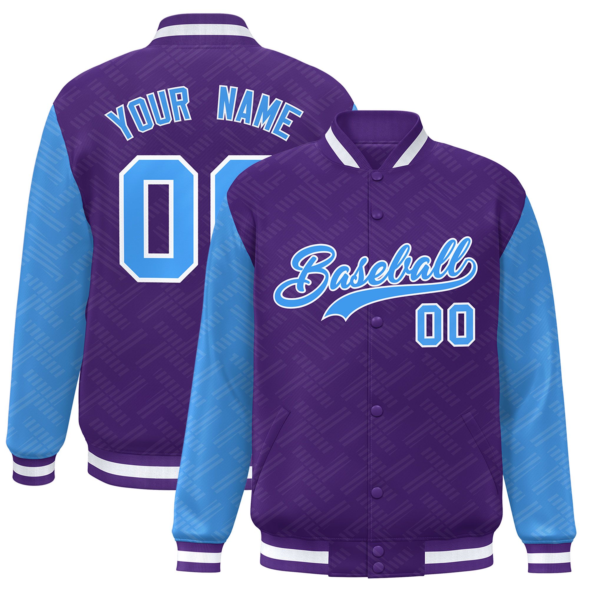 Custom Purple Powder Blue L Pattern Varsity Raglan Sleeves Full-Snap Letterman Baseball Jacket