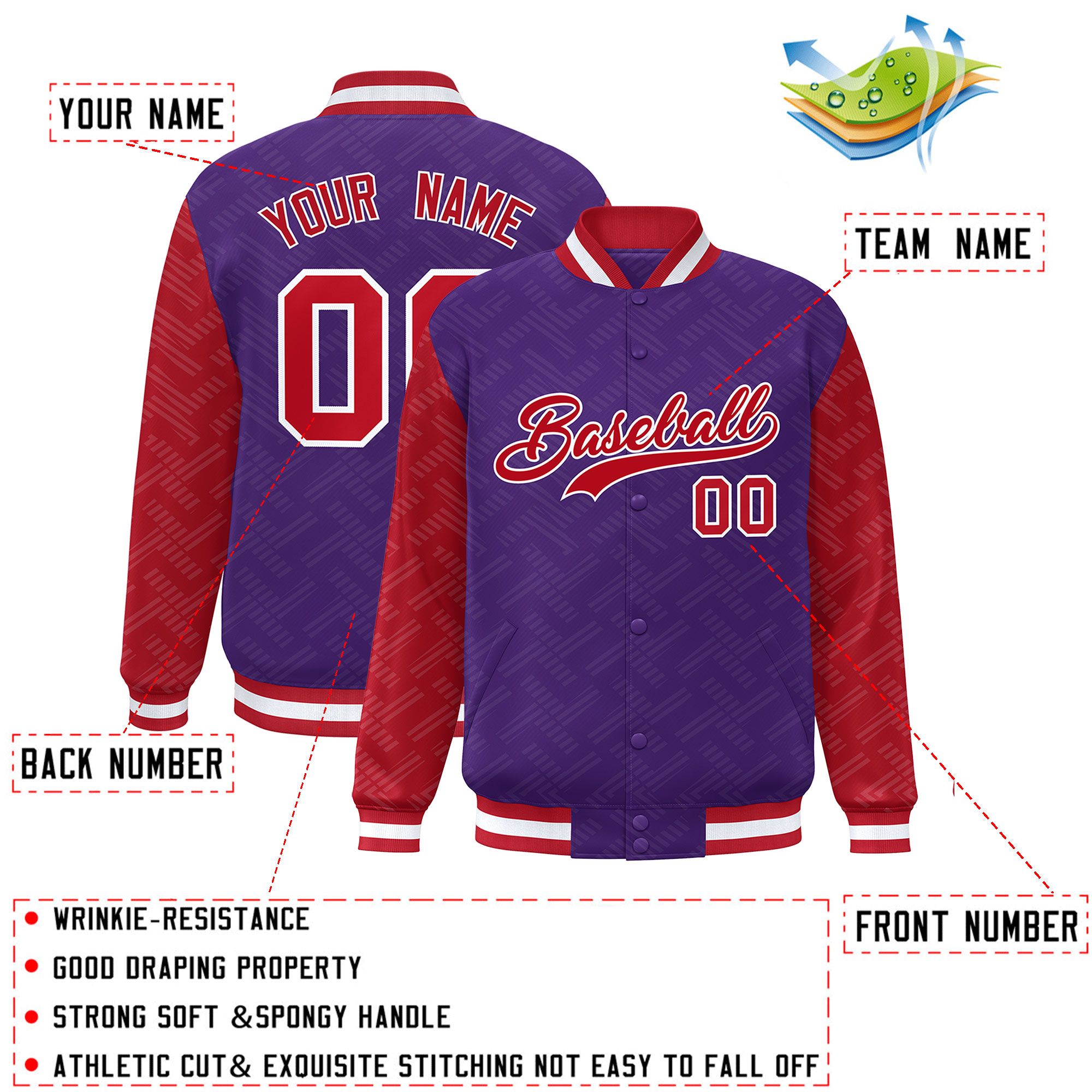 Custom Purple Red L Pattern Varsity Raglan Sleeves Full-Snap Letterman Baseball Jacket