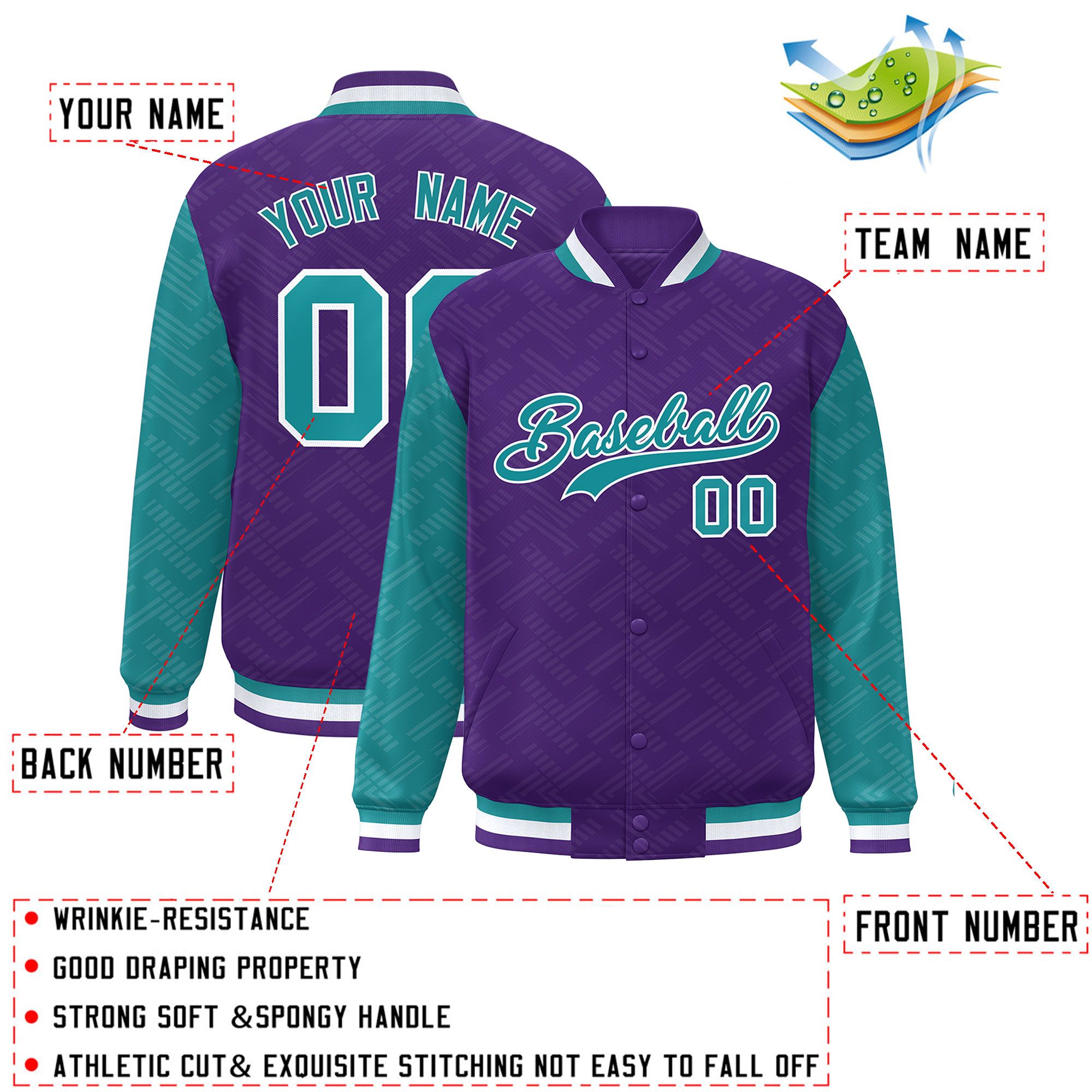 Custom Purple Aqua L Pattern Varsity Raglan Sleeves Full-Snap Letterman Baseball Jacket