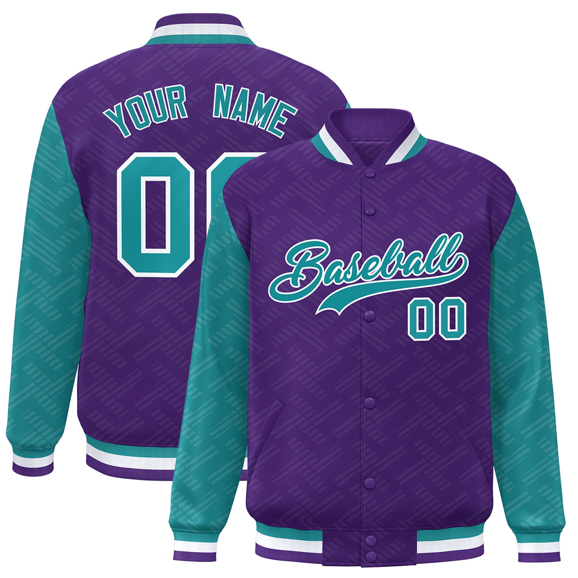 Custom Purple Aqua L Pattern Varsity Raglan Sleeves Full-Snap Letterman Baseball Jacket